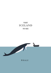 Obraz premium Iceland inviting postcard. Whale and a man in boat. Meeting vector, simple flat design.