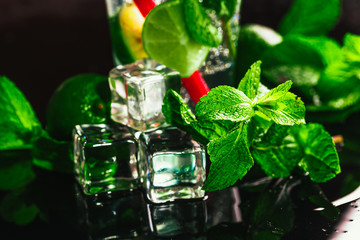 glass of mojito with lime and mint ice cube close-up red straw