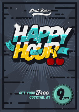 Happy Hour Concept Poster Template For Advertising. Comic Inscri