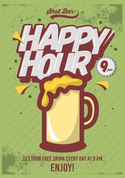 Happy Hour Poster  For Advertising. Beer Mug Illustration. Comic