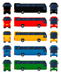 City bus in different view positions. Collection color buses, public bus. Vector illustration. Flat design.