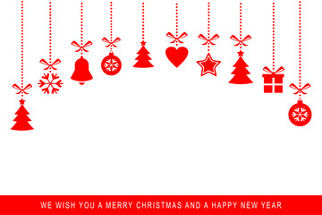 Christmas red background with decorations and place for text. Vector Illustration, flat style