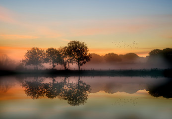 Prachtige levendige herfst mistige zonsopgang Engelse plattelandslandsc