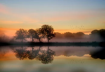 Printed kitchen splashbacks Bedroom Stunning vibrant Autumn foggy sunrise English countryside landsc