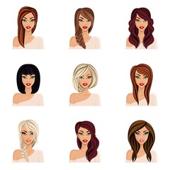 Set of hairstyles for girls, create your avatar, young woman girl. Hairstyles for long hair isolated. Face neck, eyes, lips. vector illustration