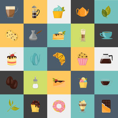 Set of different color coffee, tea and sweets icons. Flat design. Modern concept for web and mobile