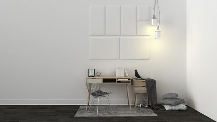 Scandinavian desk with carpet, chair and decors