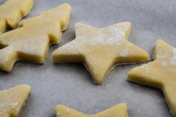 Fototapeta na wymiar Christmas Biscuit Shapes in Raw Cookie Dough