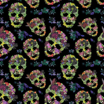 Floral skulls for  Dia de los Muertos. Watercolor