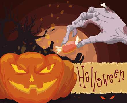 Spooky Graveyard View with Zombie Hand and Pumpkin for Halloween, Vector Illustration
