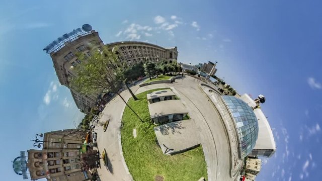 Little Tiny Planet 360 Degree Kiev Sights People on Independence Square Sunny Day Old Buildings Green Lawns Fountain Maidan Nezalezhnosti Tourism Ukraine