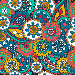 Bright seamless  pattern with   leaves and  flowers. Multicolor texture, detailed Doodles