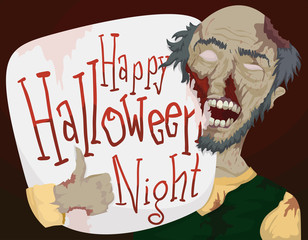Old Zombie Holding a Sign for Halloween, Vector Illustration