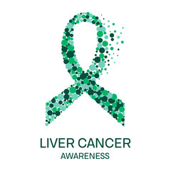 Liver cancer awareness poster design template. Emerald green ribbon made of dot on white background. Medical concept. Vector illustration.