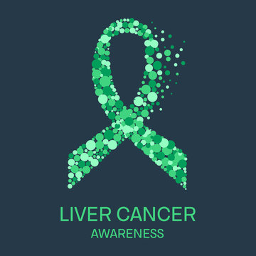 Liver cancer awareness poster design template. Emerald green ribbon made of dots on dark background. Medical concept. Vector illustration.