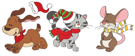 Hund, Katze und Maus mit Winterkleidung
