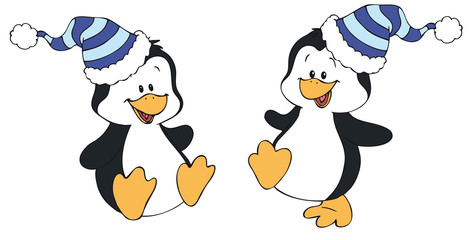 Obraz premium Zwei niedliche Pinguine mit Mütze