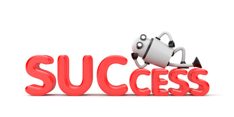 The robot lies on the word success. 3d illustration