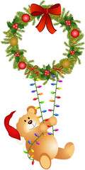 Teddy bear swinging on Christmas wreath