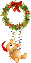 Obraz premium Teddy bear swinging on Christmas wreath