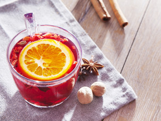 Hot wine for winter and Christmas with delicious orange and spices