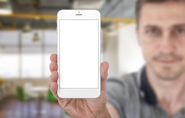 Man show black phone in office. Isolated white screen and background.