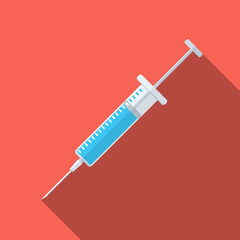 Flat design modern vector illustration of medical syringe icon with long shadow