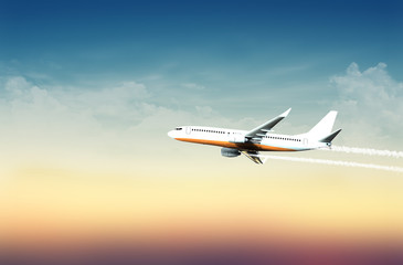 Airplane in the sky at mild sunset (with overlay) - 3d illustration