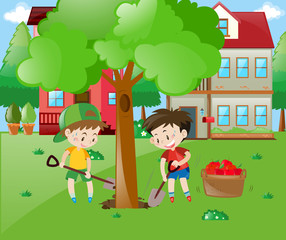Obraz na płótnie Canvas Two boys planting big tree in the garden