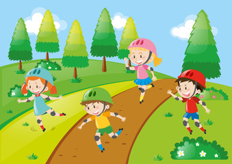 Children wearing helmets when rollerskating