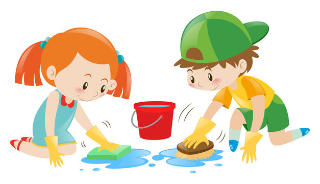 Boy and girl cleaning the floor