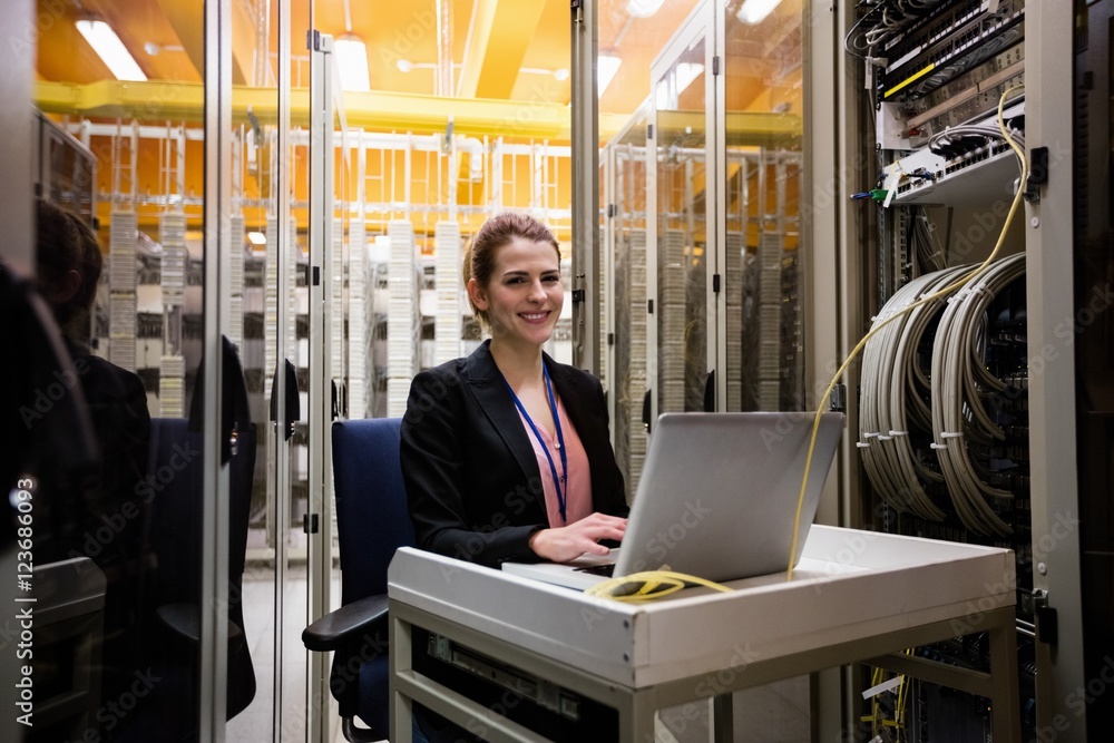Poster Technician using laptop while analyzing server