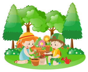 Obraz na płótnie Canvas Two kids planting tree in garden