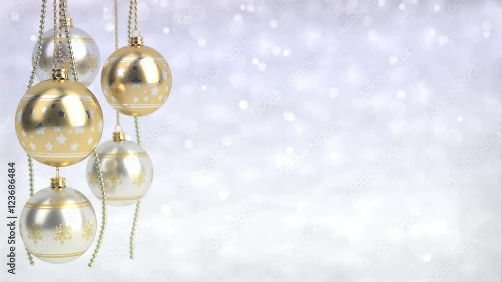 Wall mural golden and silver christmas balls with bokeh background. seamless loop. 3d render