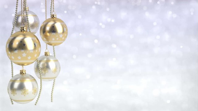 golden and silver christmas balls with bokeh background. Seamless loop. 3D render