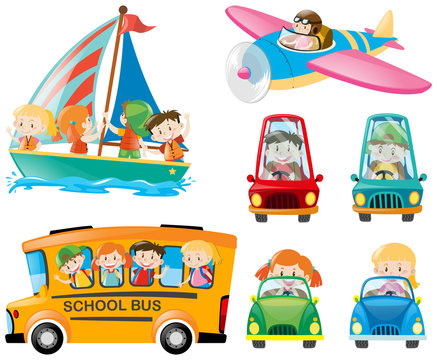 Set of kids on different transportations