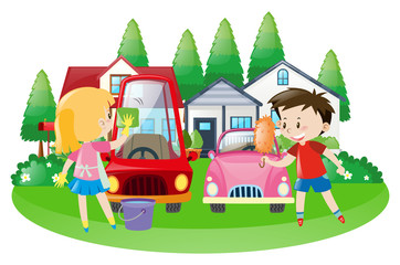 Scene with kids washing car