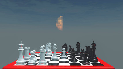 Шахматы,расставленные на фоне лунного неба