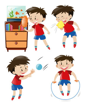 Boy in red shirt doing different activities