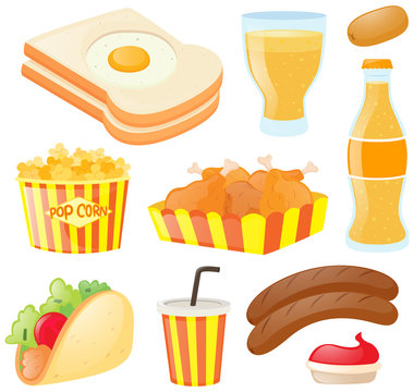 Set of food and drinks
