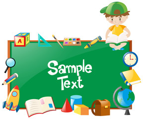 Border design with boy and many school objects
