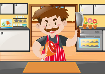 Butcher chopping pork leg in kitchen