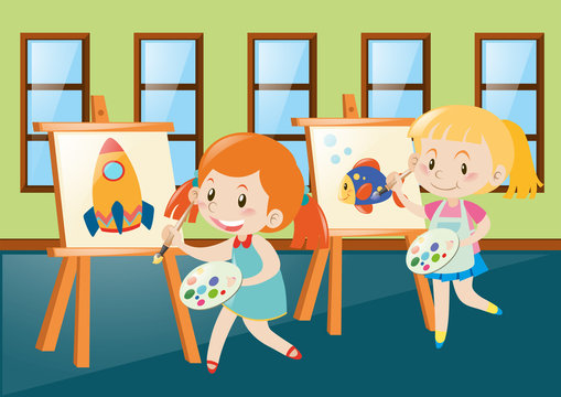 Two girls painting on canvas in classroom