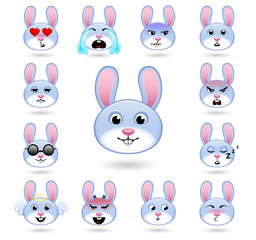 A set of emoticons. Rabbit or hare. Isolated vector illustration on white background. Colored icons