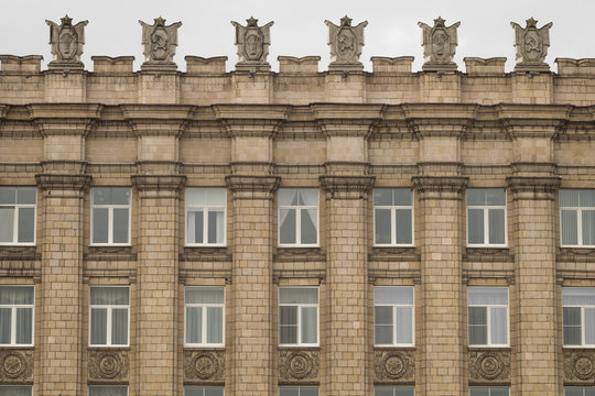 Fragment of facade building administrative government Belgorod region with USSR symbols. Ornament of Stalinist architecture style.

Image ID:498531688