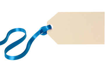 Gift tag or label plain horizontal with blue ribbon for birthday or christmas gift isolated on...