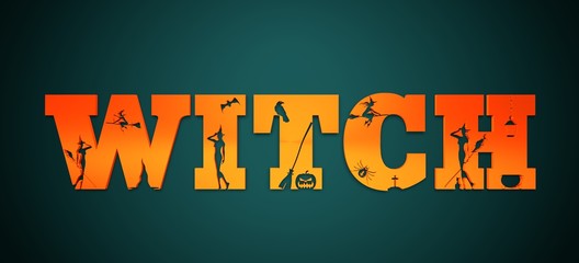 Witch word and silhouettes on them. Halloween theme background. 3D rendering