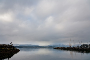 View of Georgia Straight and mountains from Comox marina on a cloudy winter day