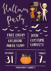 Halloween night party poster with funny kids in carnival costumes mummy, vampire and witch with sign - Trick or Treat. Happy Halloween children, cartoon vector illustration on perpl background