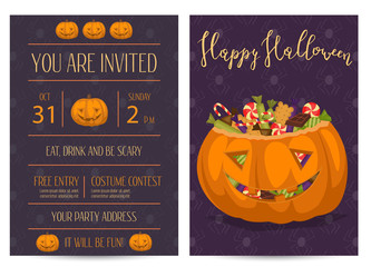 Happy Halloween party invitations with scary pumpkin head jack full of sweet candies, isolated cartoon vector illustration on perpl background. Trick or treat concept. Happy Halloween design template
